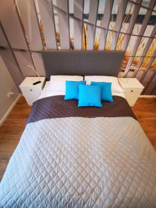 een bed met twee blauwe kussens in een kamer bij M&K Apartamenty Deluxe Gdańsk Sobieszewo 2 in Gdańsk