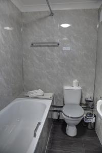 a bathroom with a toilet and a tub and a sink at The Orwell Hotel in Felixstowe