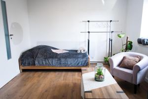 ein Zimmer mit einem Bett, einem Stuhl und einem Tisch in der Unterkunft Wellspring in Radom