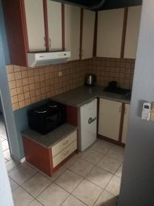 a small kitchen with a stove and a microwave at Alexander Rooms & Apartments in Igoumenitsa