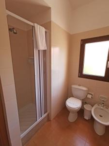 a bathroom with a toilet and a shower and a sink at Hotel Del Porto in Palau