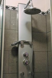 d'une douche avec une porte en verre et un pommeau de douche. dans l'établissement Zimmer zentral in Berlin, à Berlin