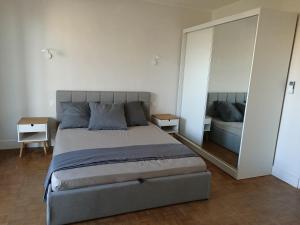 een slaapkamer met een groot bed en een spiegel bij Location Bord de mer, villa de vacances 9 personnes - jardin in Valras-Plage