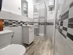 y baño con aseo y ducha. en Palafox 23, en Madrid