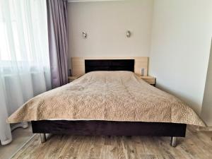 a large bed in a bedroom with a wooden floor at Apartament Dominikana in Sianozety