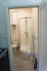 a bathroom with a shower and a toilet at DOMKI SILVER 2 in Jarosławiec +31 photos