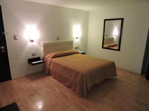 Hotel Granada في بوبلا: غرفة الفندق بسرير ومرآة