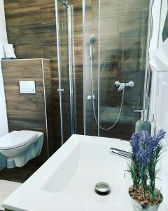 y baño con ducha, aseo y lavamanos. en Apartament ToTuGdynia 2 en Gdynia