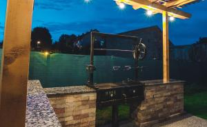 a outdoor shower in a backyard at night at Vila ORIENT in Hunedoara