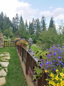 a garden with flowers and a lantern on a fence at Casa Verde in Voronet