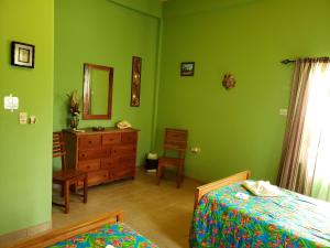 a bedroom with green walls and a bed and a dresser at SLO-N-EZ Villa- Gold Standard Certified in Caye Caulker