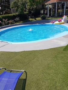 a large swimming pool in a yard with a blue chair at Dunav97 in Novi Banovci