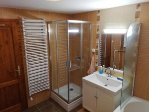 a bathroom with a shower and a sink at Ágica Vendégház in Andornaktálya +21 photos