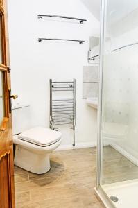 a bathroom with a toilet and a shower at Whitby Spacious Rugby Field Cottage with off-street parking and EV fast point for electric cars in Whitby