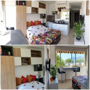 uma cozinha e um quarto com uma cama e uma secretária em Garden and beach sea view apartment Cannes em Mandelieu-la-Napoule