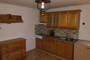 a kitchen with wooden cabinets and a sink and a stove at Bývanie s výhľadom v lokalite Detva in Detva