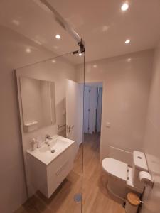 uma casa de banho com um lavatório, um WC e um espelho. em Sun and Beach II AC Wifi 90mts from the Beach em Portimão
