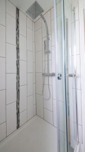 y baño con ducha y puerta de cristal. en Appartement 3 chambres - Parking - Wifi - Buanderie - Jardin, en Brest