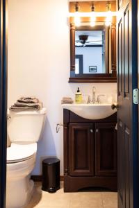 een badkamer met een toilet, een wastafel en een spiegel bij William Tell House in Tomales
