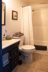 La salle de bains est pourvue de toilettes, d'un lavabo et d'une douche. dans l'établissement William Tell House, à Tomales