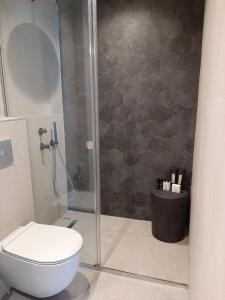 a bathroom with a shower with a toilet and a sink at Almyra Oia Suites in Oia