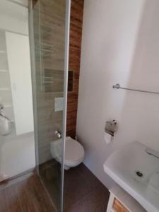 La salle de bains est pourvue de toilettes, d'une douche et d'un lavabo. dans l'établissement Apartmani Marinović, à Podgora