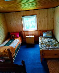 Zimmer mit 2 Betten in einer Hütte mit Fenster in der Unterkunft Садиба у пані Марії in Worochta