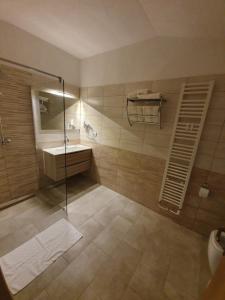 y baño con ducha acristalada y lavamanos. en Restaurant and rooms Kotlar en Kobarid