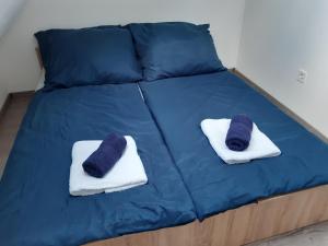 łóżko z dwoma biało-niebieskimi poduszkami w obiekcie Peak Apartman w Egerze