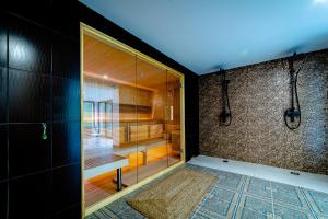 a large glass shower in a room with a rug at Yael Luxury Apartments 3 in Buşteni +63 photos