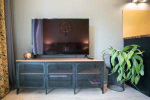 a tv on top of a dresser with a plant at Das Appartement Tallinn in Tallinn