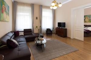 uma sala de estar com um sofá de couro e uma televisão em Elegant apartment with Buda Castle view em Budapeste