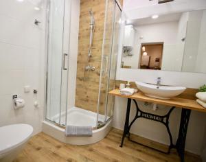 łazienka z prysznicem, umywalką i toaletą w obiekcie Apartament BazaTatry Stokrotka w Zakopanem