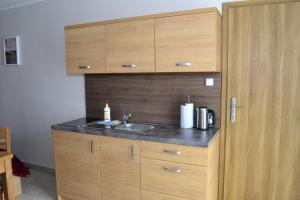 una cocina con fregadero y armarios de madera en Comfort-24 Plus, en Słupca