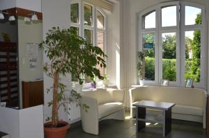 salon z kanapą, stołem i oknami w obiekcie Pokoje Gościnne Centrum Kultury Prawosławnej w mieście Białystok