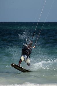 a person on a surfboard in the water at Coconut Village Beach Resort in Diani Beach