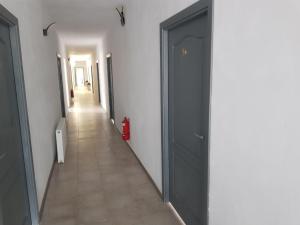 レシツァにあるCasa Philosの黒いドアとタイル張りの床の廊下 +4枚の写真