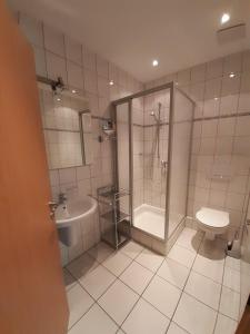 a bathroom with a shower and a toilet and a sink at Haus Moselliebe B&B in Ediger-Eller