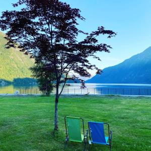 two chairs sitting in the grass next to a tree at Sogn Hotel in Vadheim