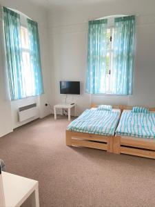 a bedroom with two beds and a tv and two windows at Penzion Hřensko in Hřensko