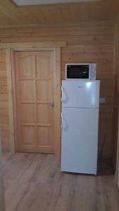 einen Kühlschrank mit einer Mikrowelle darüber in einem Zimmer in der Unterkunft Víziszony Nyaraló Gerendaház in Mindszent