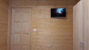 een kamer met een televisie aan een houten muur bij Víziszony Nyaraló Gerendaház in Mindszent