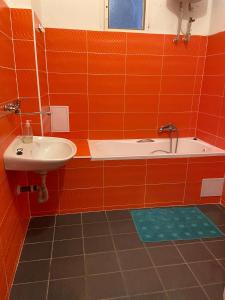 een oranje betegelde badkamer met een wastafel en een bad bij Penzion Hřensko in Hřensko