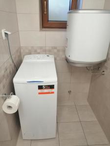 une petite salle de bains avec des toilettes et un distributeur de papier toilette dans l'établissement Apartments M&B, à Sveti Juraj