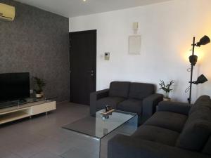 a living room with two couches and a tv at Loizou Holdings Flat 301 in Larnaca +5 photos