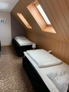 2 Betten in einem Zimmer mit einer Decke und Oberlichtern in der Unterkunft ferienwohnung-am-zoo in Kritzmow