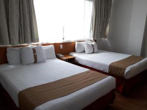 サン・ルイス・ポトシにあるHotel Napolesのベッドが2つと窓があるホテルの部屋