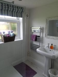 baño blanco con lavabo y ventana en Grooms Cottage, en Horncastle