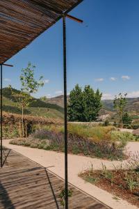 Elle offre une vue sur un jardin avec une passerelle en bois. dans l'établissement Ventozelo Hotel & Quinta, à Ervedosa do Douro