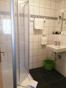a bathroom with a shower and a sink at Hotel Princess in Rodenbach